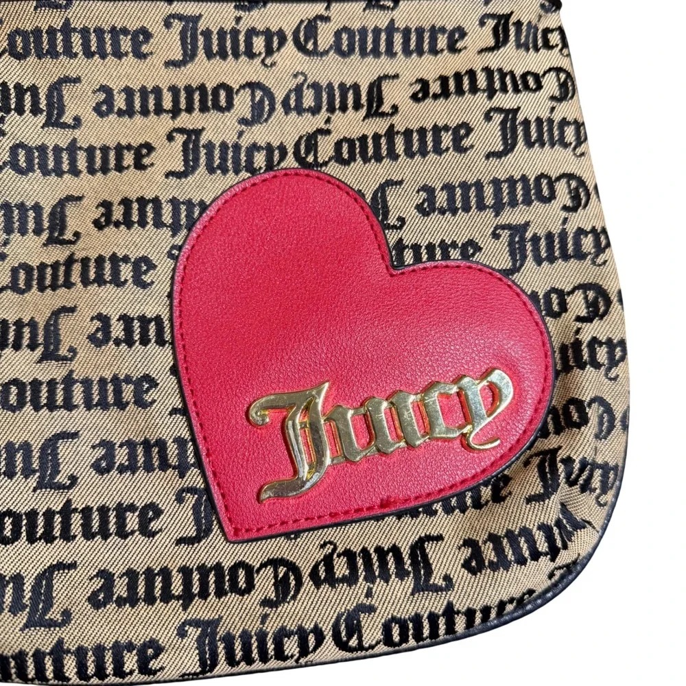 Juicy Couture Crossbody Bag Tan Black Logo Monogram Red Heart Studded y2k